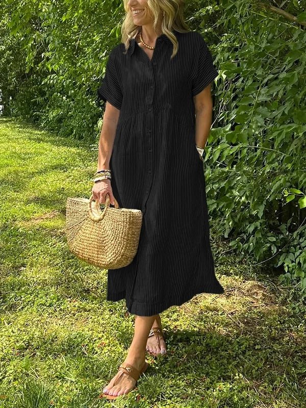 Damen Gestreiftes Kurzarm Midi-Shirtkleid - Zwart