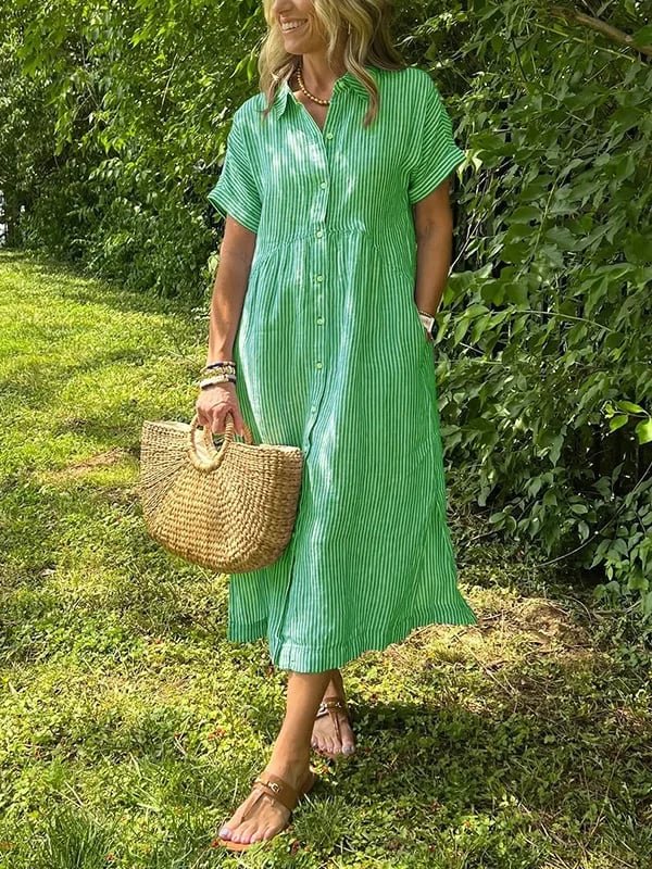 Damen Gestreiftes Kurzarm Midi-Shirtkleid - Groen