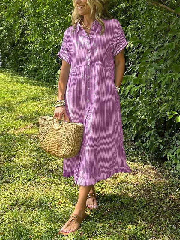 Damen Gestreiftes Kurzarm Midi-Shirtkleid - Roze