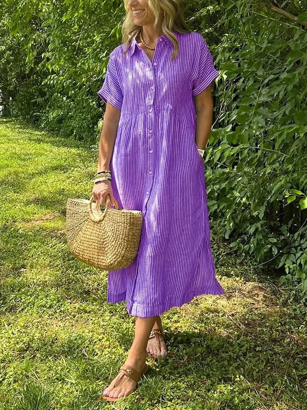 Damen Gestreiftes Kurzarm Midi-Shirtkleid - Paars