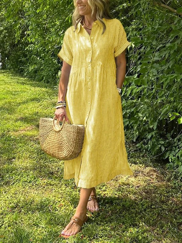 Damen Gestreiftes Kurzarm Midi-Shirtkleid - Geel
