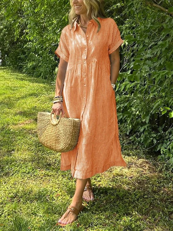 Damen Gestreiftes Kurzarm Midi-Shirtkleid - Oranje