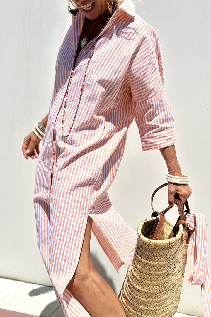 Damen Gestreiftes Linen Hemdblusenkleid Midi-Länge - Pink