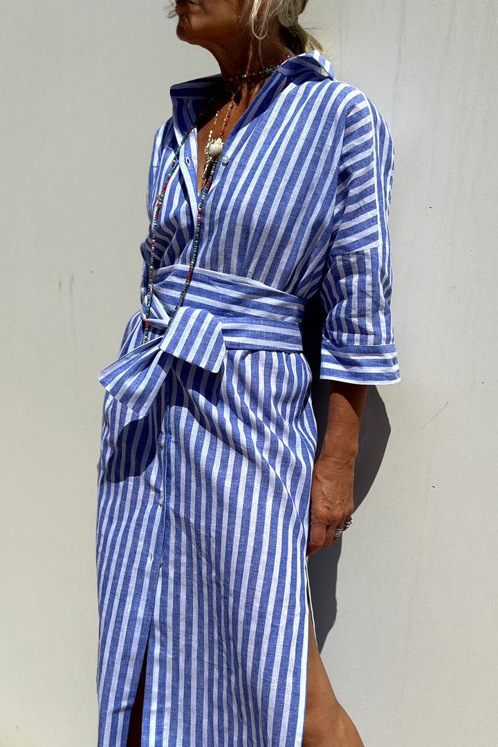 Damen Gestreiftes Linen Hemdblusenkleid Midi-Länge