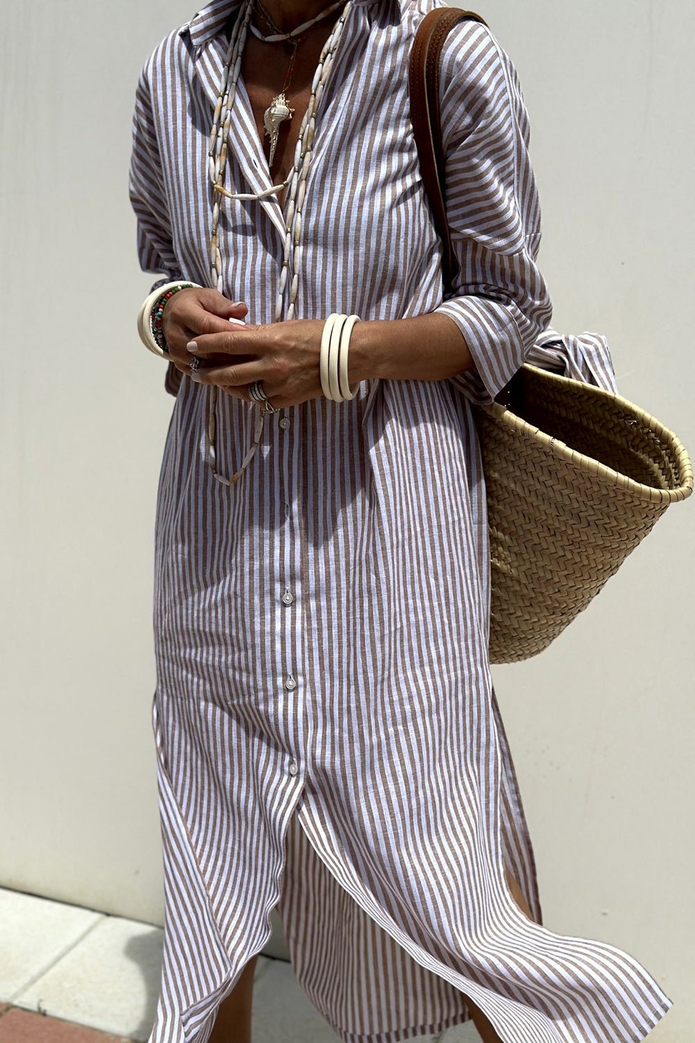 Damen Gestreiftes Linen Hemdblusenkleid Midi-Länge