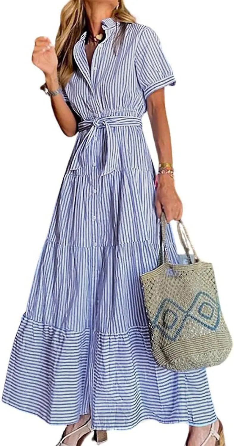 Damen Gestreiftes Maxi Hemdblusenkleid mit Gürtel und Rüschensaum - Blue