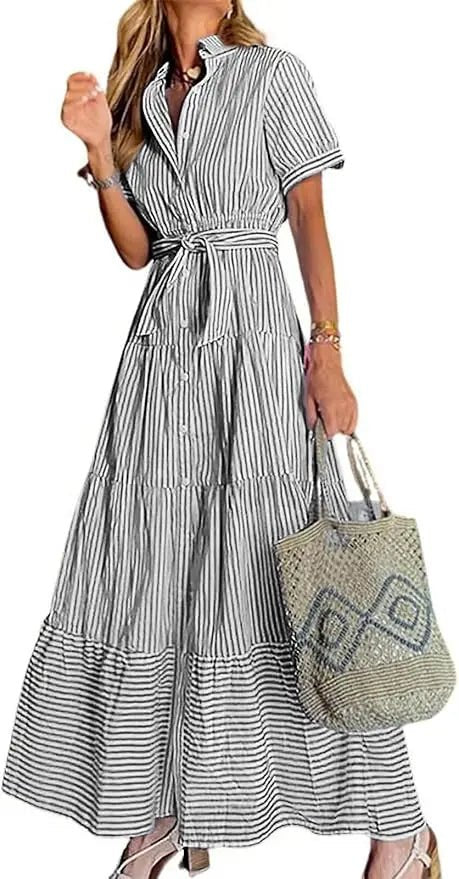 Damen Gestreiftes Maxi Hemdblusenkleid mit Gürtel und Rüschensaum - Black