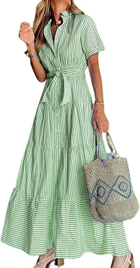 Damen Gestreiftes Maxi Hemdblusenkleid mit Gürtel und Rüschensaum - Green