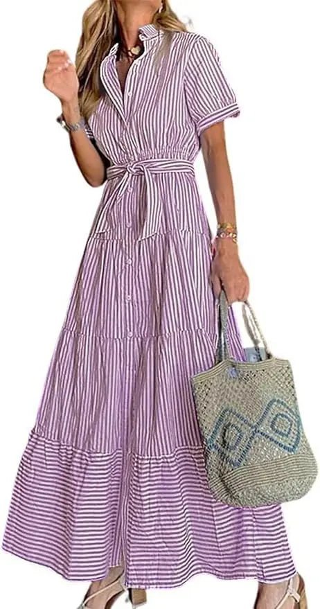 Damen Gestreiftes Maxi Hemdblusenkleid mit Gürtel und Rüschensaum - Purple