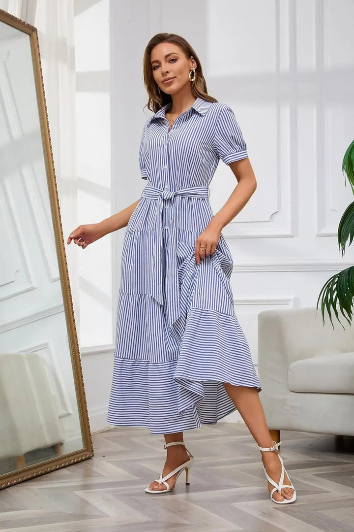 Damen Gestreiftes Maxi Hemdblusenkleid mit Gürtel und Rüschensaum