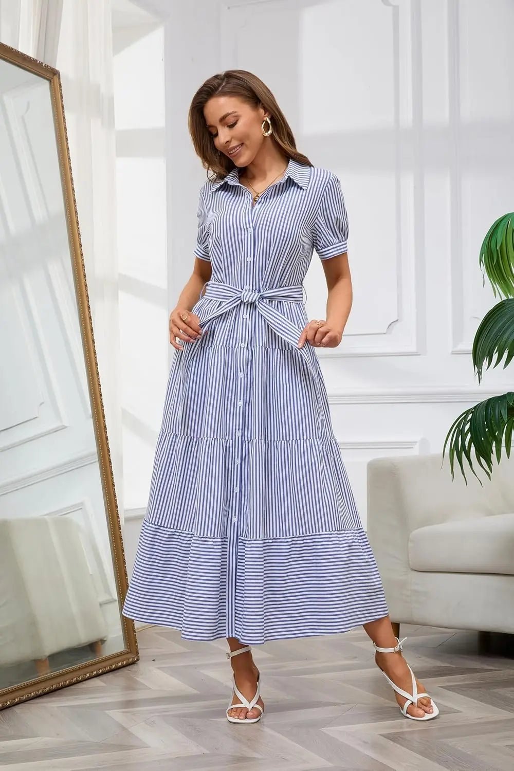 Damen Gestreiftes Maxi Hemdblusenkleid mit Gürtel und Rüschensaum