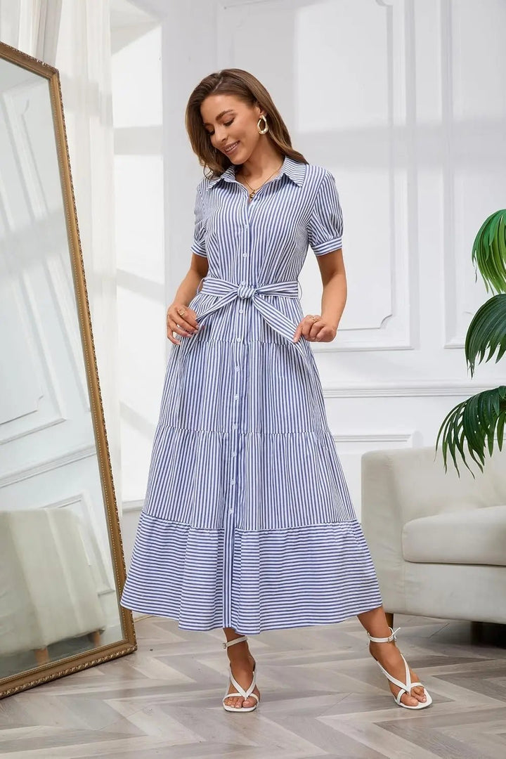 Damen Gestreiftes Maxi Hemdblusenkleid mit Gürtel und Rüschensaum