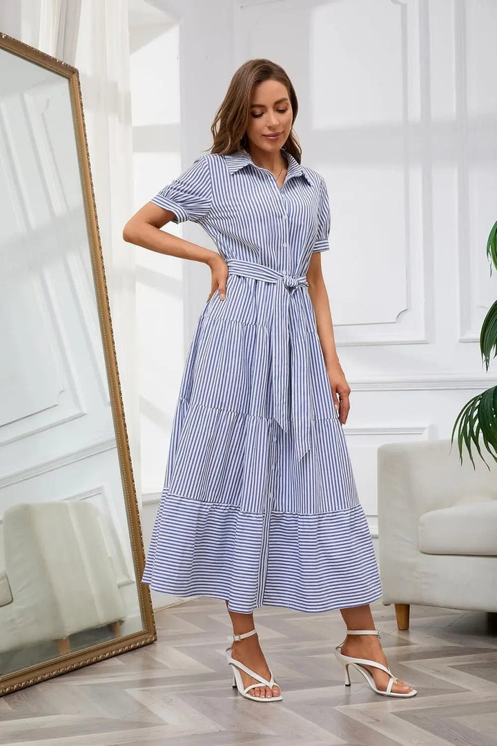 Damen Gestreiftes Maxi Hemdblusenkleid mit Gürtel und Rüschensaum
