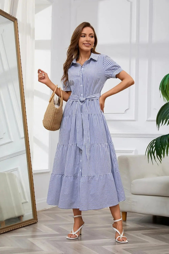 Damen Gestreiftes Maxi Hemdblusenkleid mit Gürtel und Rüschensaum