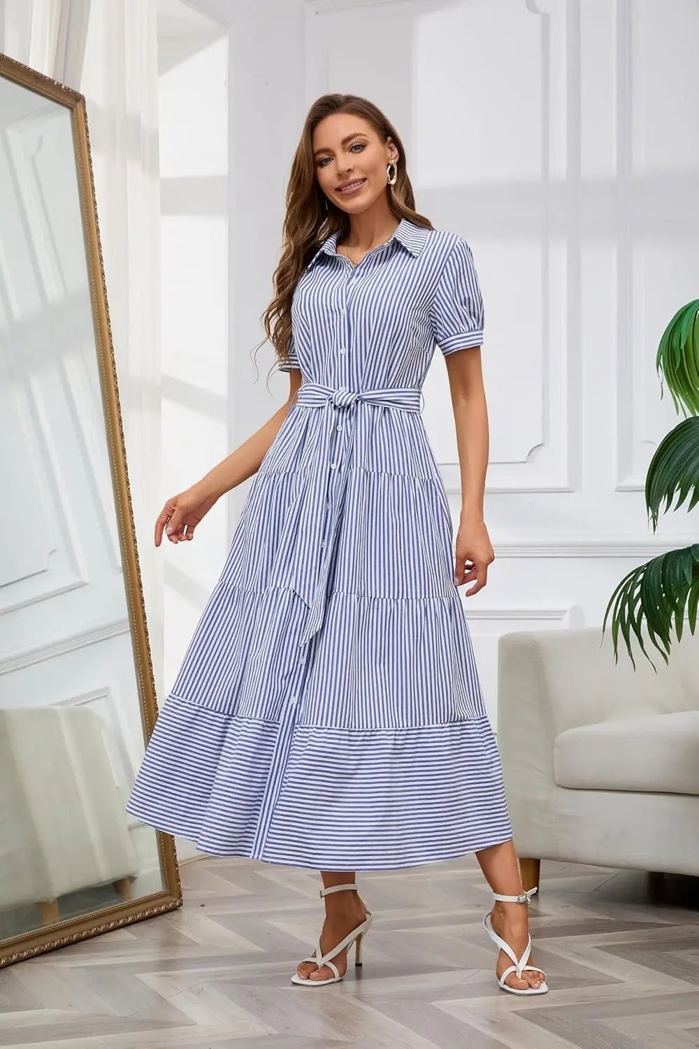 Damen Gestreiftes Maxi Hemdblusenkleid mit Gürtel und Rüschensaum