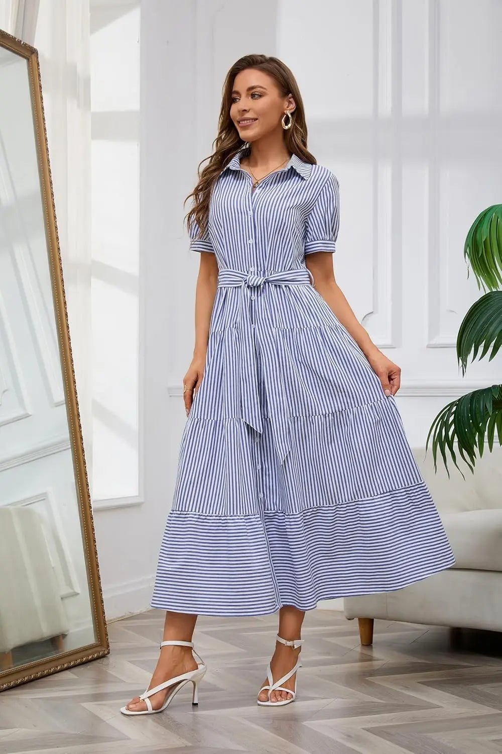 Damen Gestreiftes Maxi Hemdblusenkleid mit Gürtel und Rüschensaum