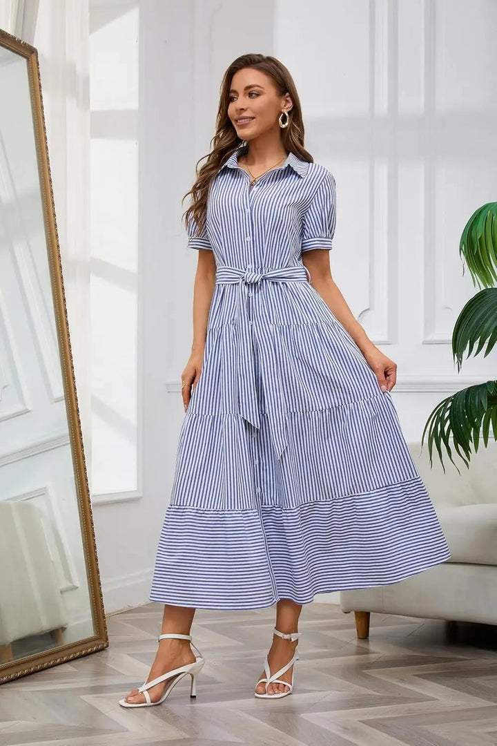 Damen Gestreiftes Maxi Hemdblusenkleid mit Gürtel und Rüschensaum