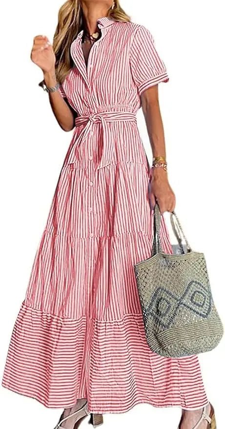 Damen Gestreiftes Maxi Hemdblusenkleid mit Gürtel und Rüschensaum - Red