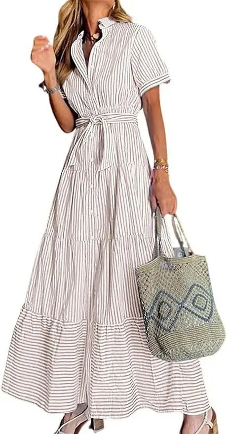 Damen Gestreiftes Maxi Hemdblusenkleid mit Gürtel und Rüschensaum - Khaki