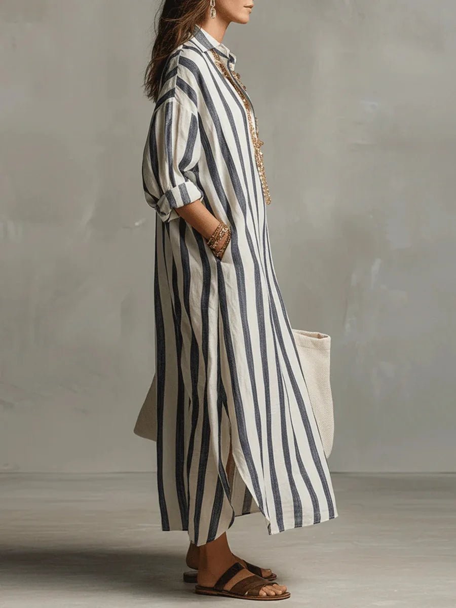 Damen Gestreiftes Oversize Leinen Hemdkleid Maxi