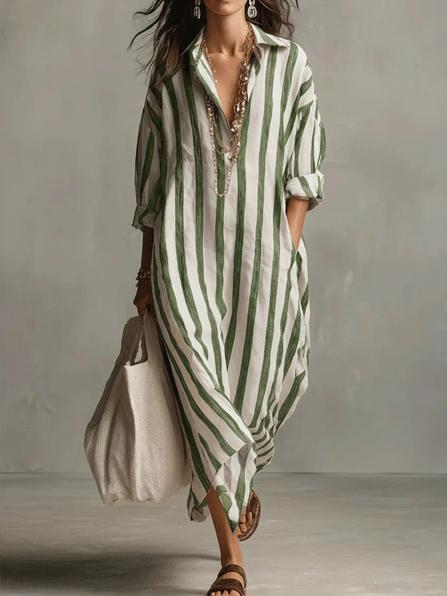 Damen Gestreiftes Oversize Leinen Hemdkleid Maxi - Green