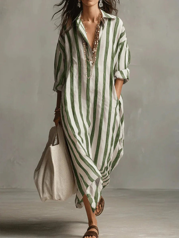 Damen Gestreiftes Oversize Leinen Hemdkleid Maxi - Green