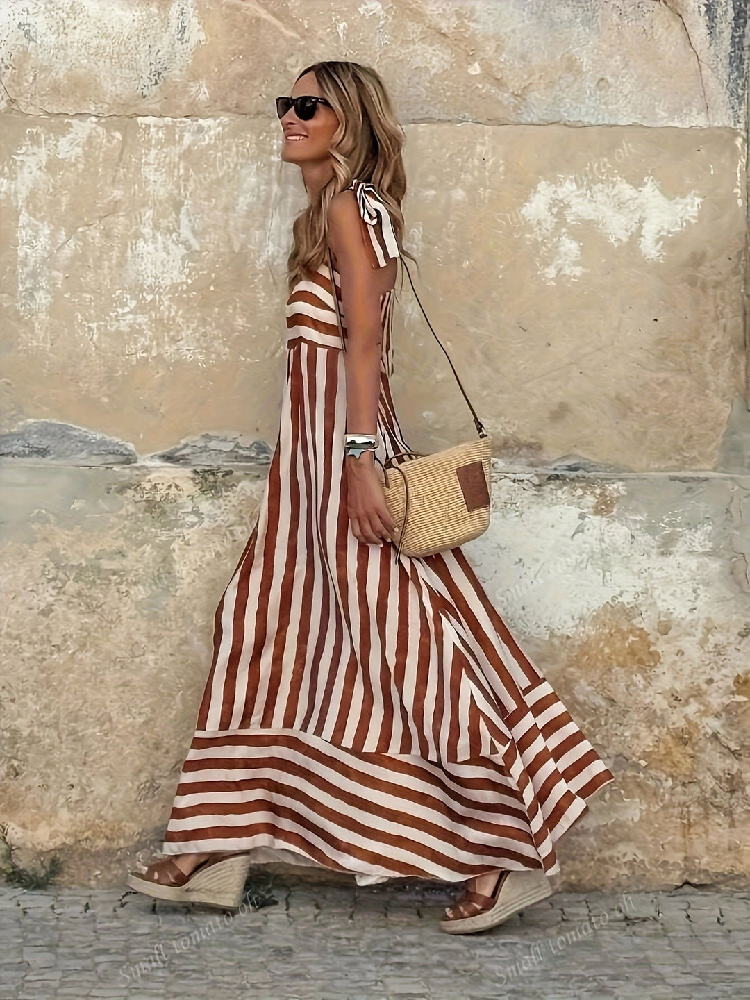 Damen Gestreiftes Spaghettiträger Maxi-Kleid mit Bindeträgern