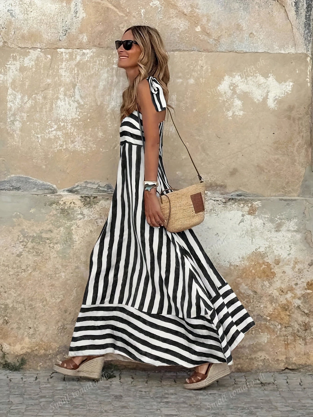 Damen Gestreiftes Spaghettiträger Maxi-Kleid mit Bindeträgern