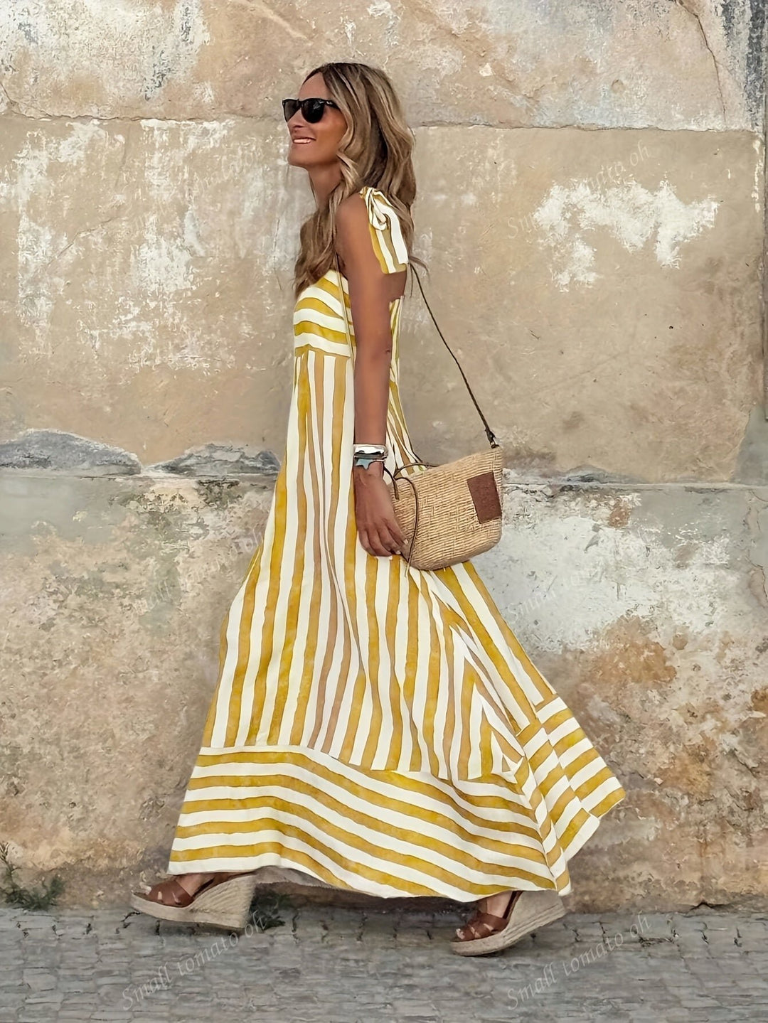 Damen Gestreiftes Spaghettiträger Maxi-Kleid mit Bindeträgern