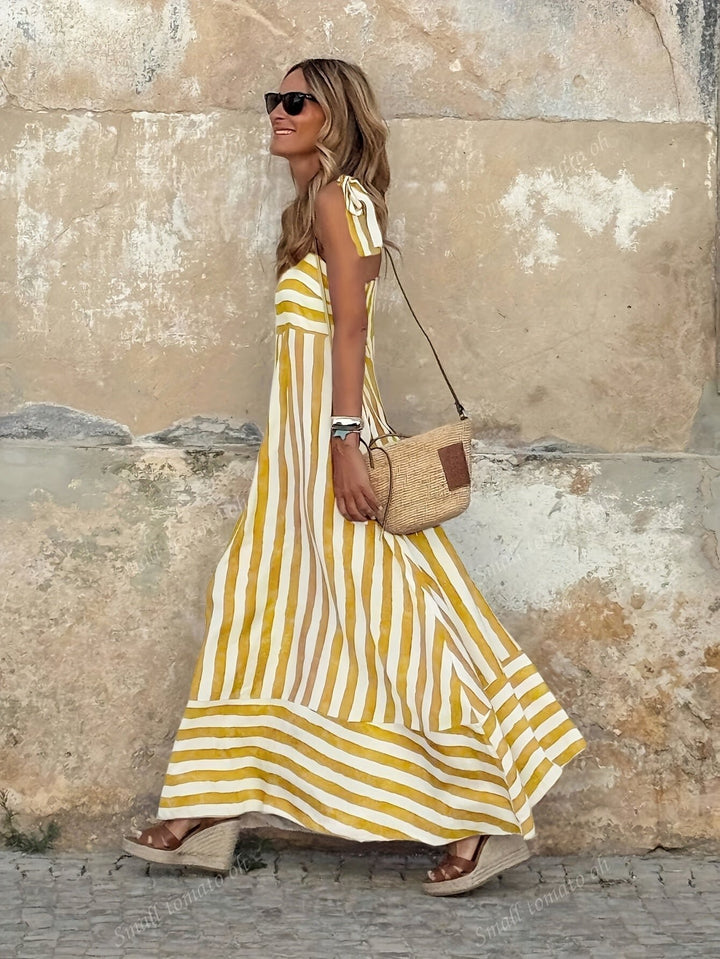 Damen Gestreiftes Spaghettiträger Maxi-Kleid mit Bindeträgern