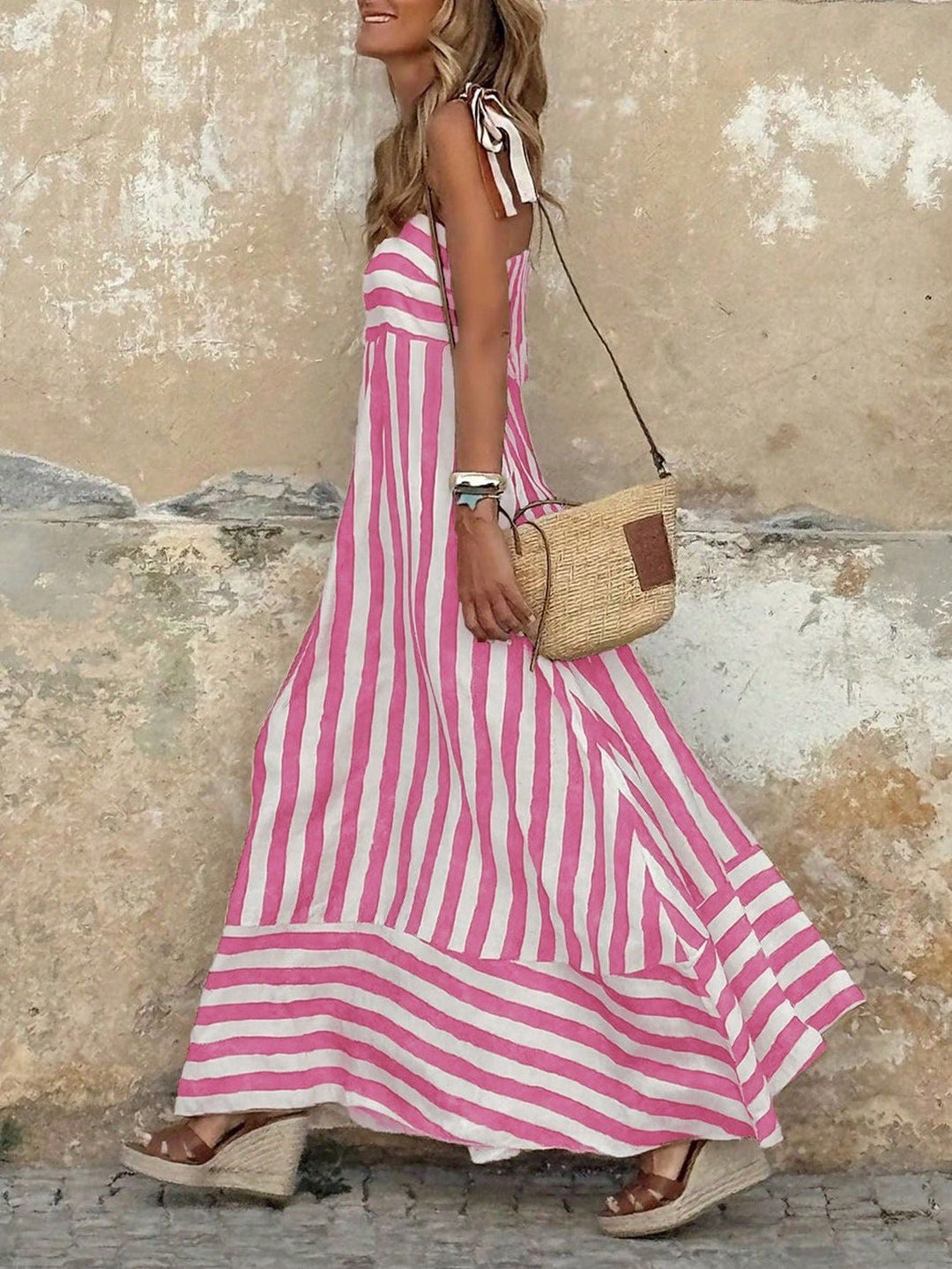 Damen Gestreiftes Spaghettiträger Maxi-Kleid mit Bindeträgern - Pink