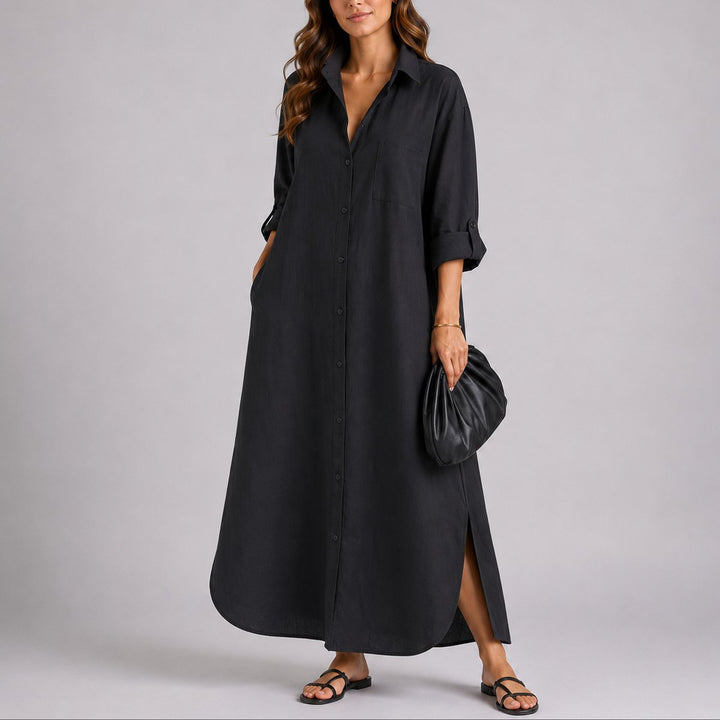 Damen Herbst Hochzeitsgast Maxi-Hemdblusenkleid Leinen Oversized - Schwarz