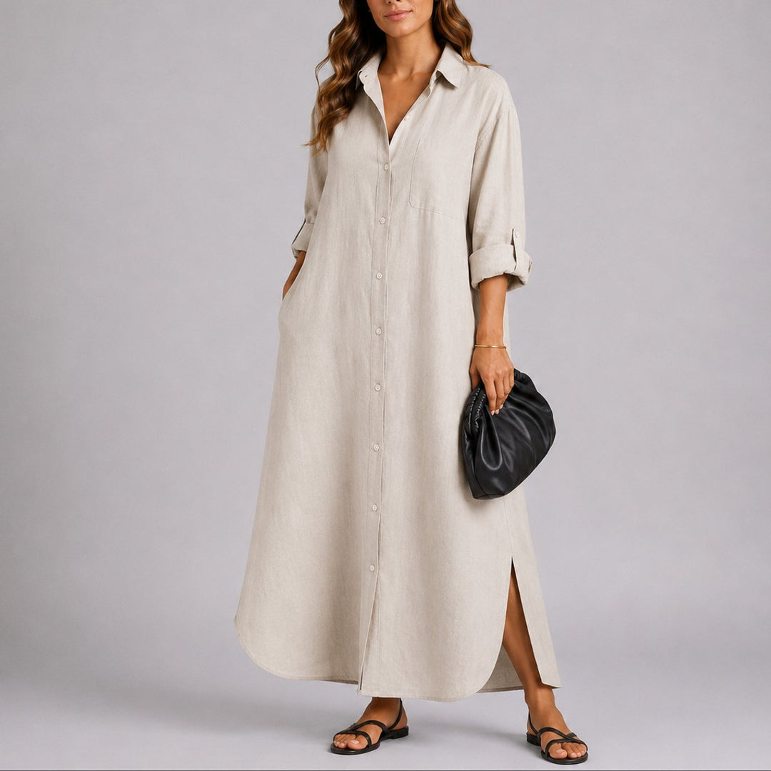 Damen Herbst Hochzeitsgast Maxi-Hemdblusenkleid Leinen Oversized - Beige