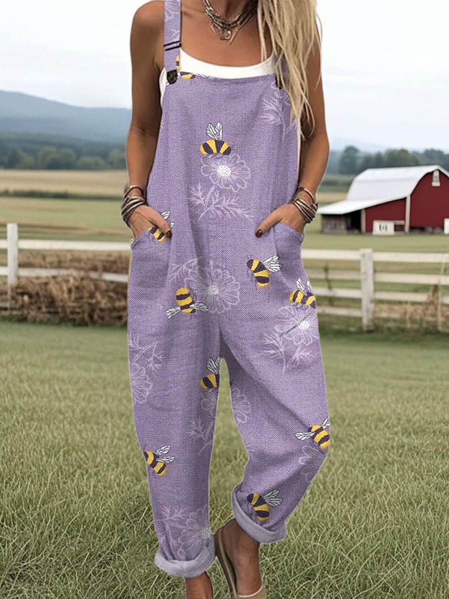 Damen Jumpsuit Latzhosenoptik Bienen-Blumen-Print - Purple