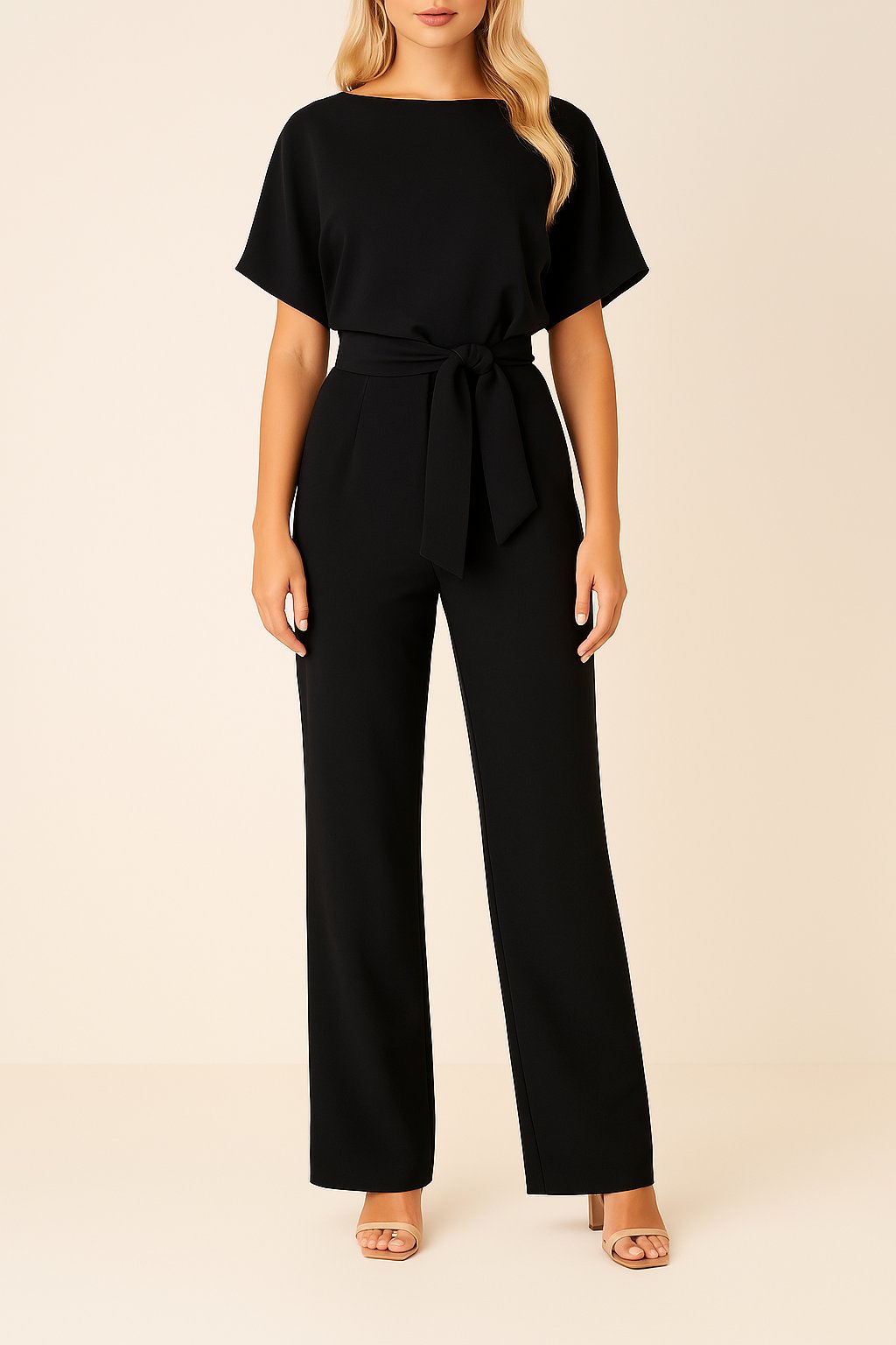 Damen Jumpsuit Ärmellos Weites Bein Bindegürtel - Schwarz
