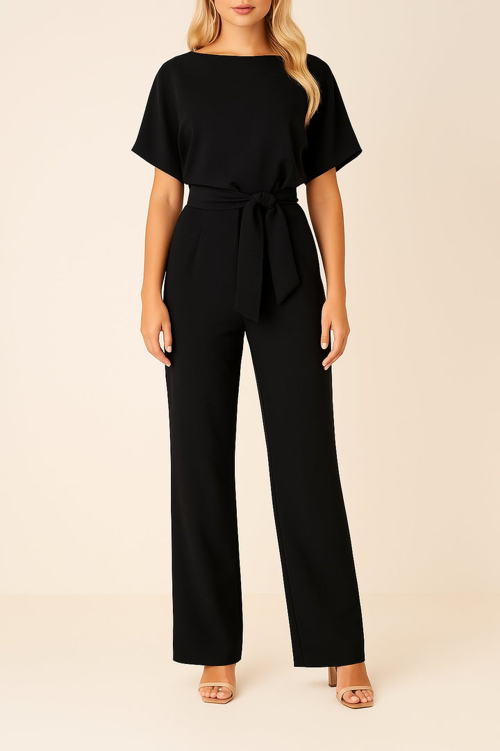 Damen Jumpsuit Ärmellos Weites Bein Bindegürtel - Schwarz