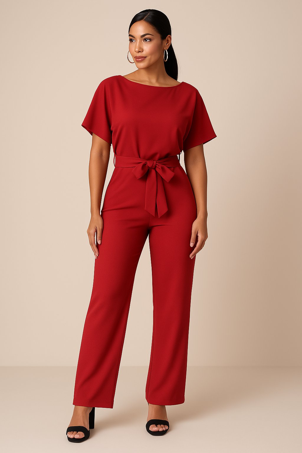 Damen Jumpsuit Ärmellos Weites Bein Bindegürtel - Rot