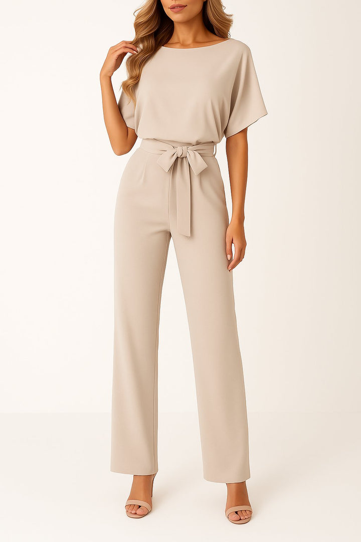 Damen Jumpsuit Ärmellos Weites Bein Bindegürtel - Beige