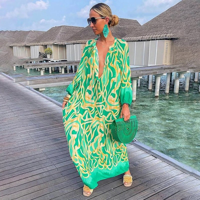 Damen Kaftan Maxi Kleid Abstract Print Locker - Green