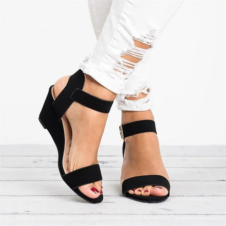 Damen Keilabsatz Knöchelriemen Sandalen - Black