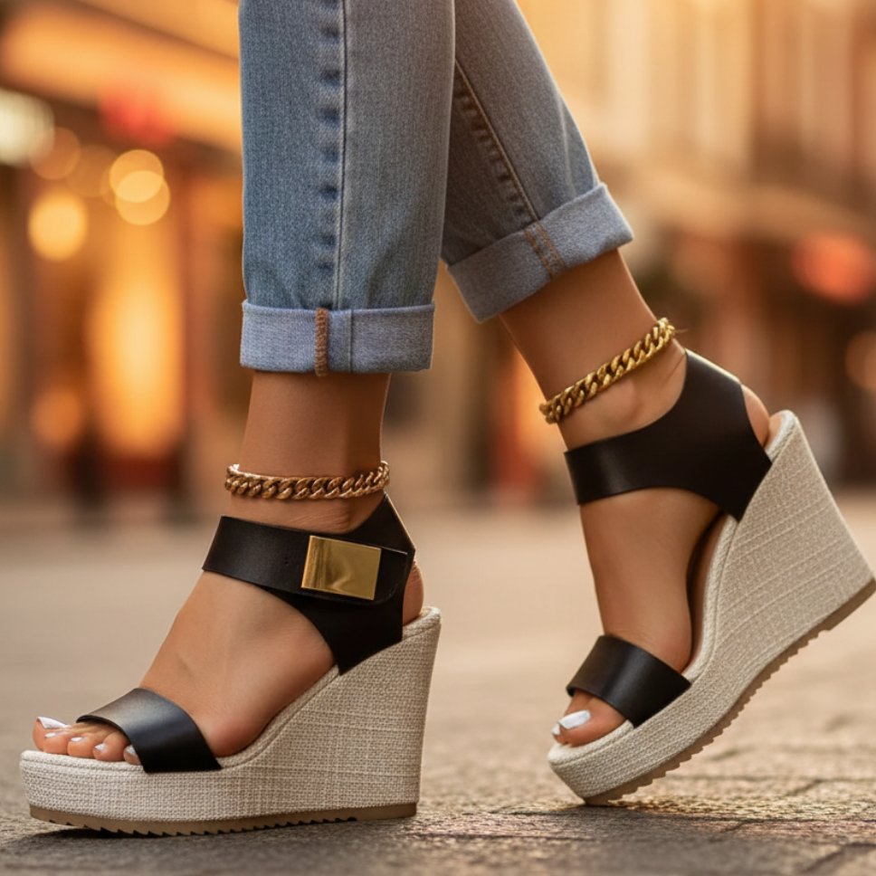 Damen Keilabsatz Sandalen Orthopädisch Plattform Knöchel - Black
