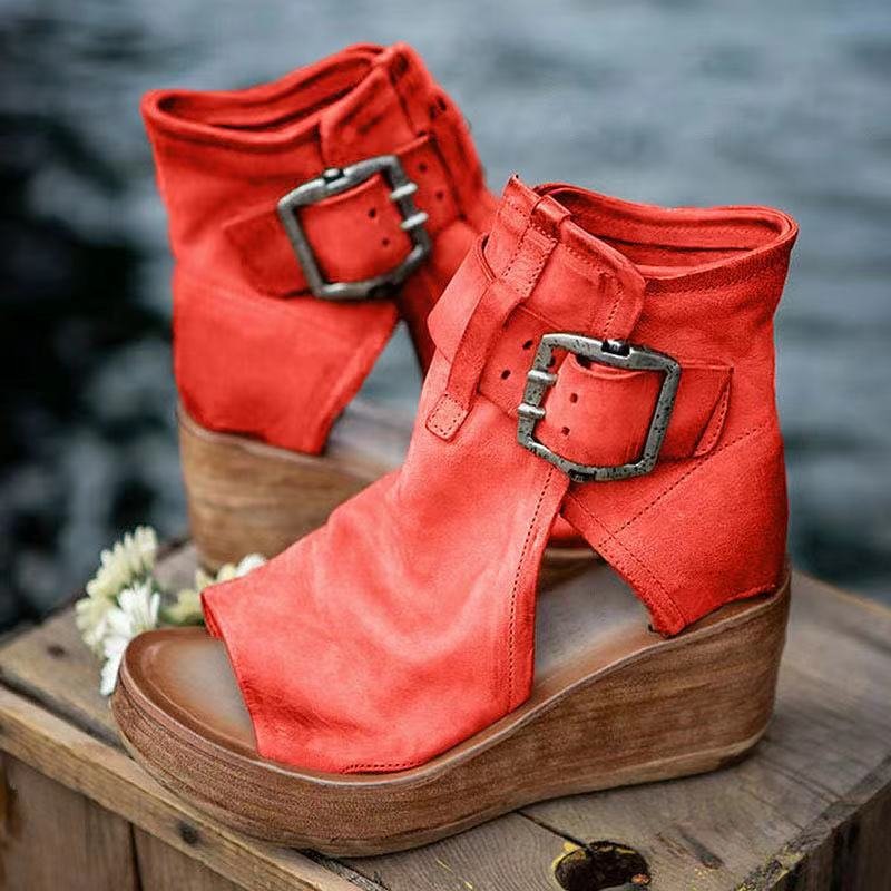 Damen Keilsandalen mit Schnallenverschluss und Plateau - Red