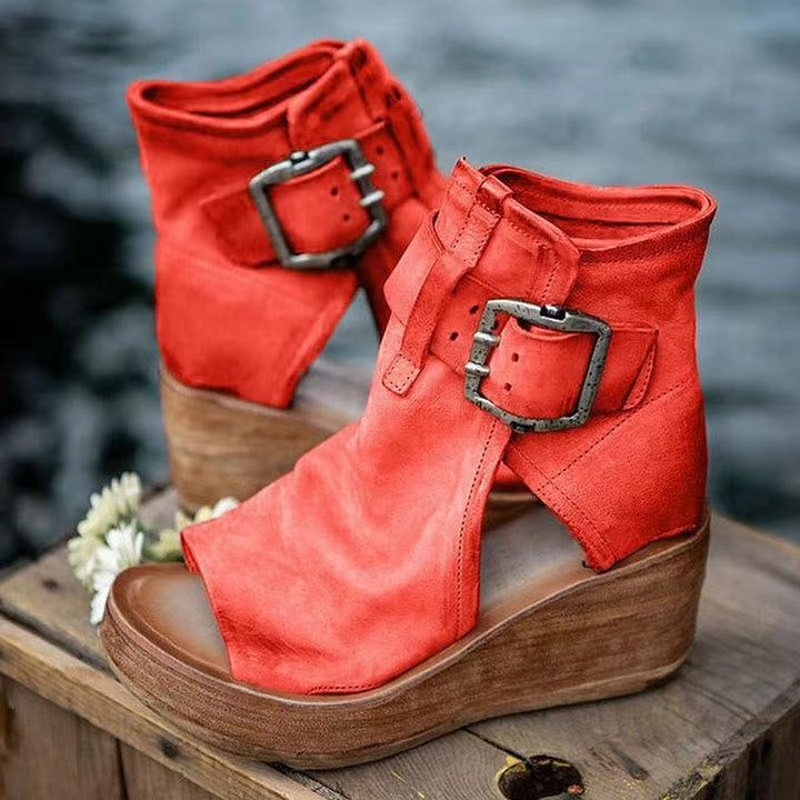 Damen Keilsandalen mit Schnallenverschluss und Plateau - Red