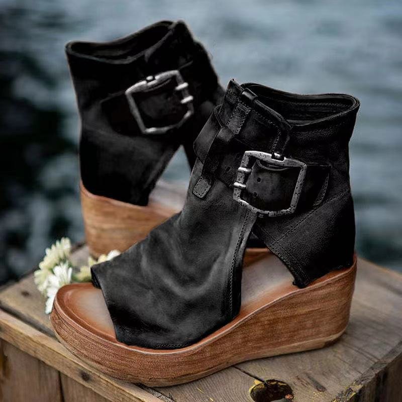 Damen Keilsandalen mit Schnallenverschluss und Plateau - Black