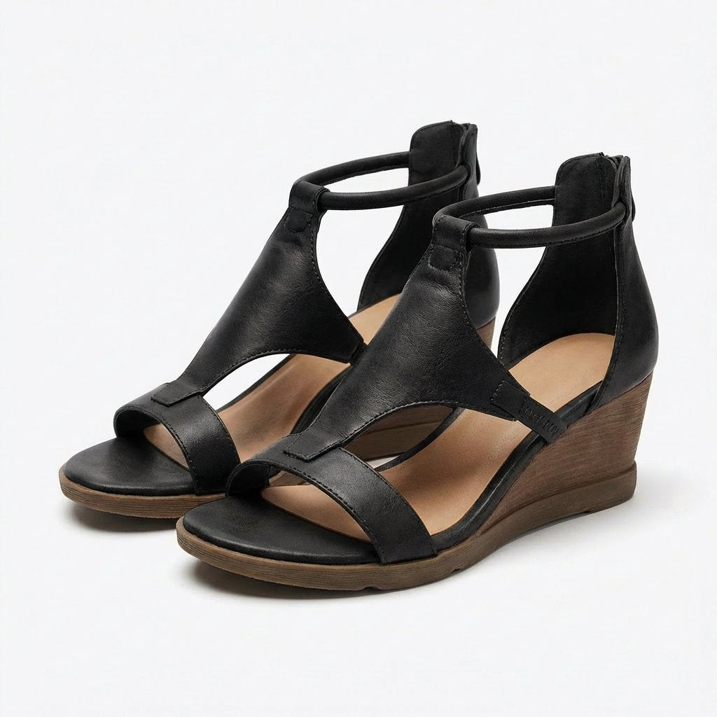 Damen Keilsandalen Offene Zehenpartie Knöchelriemen Sommerschuhe - Negro