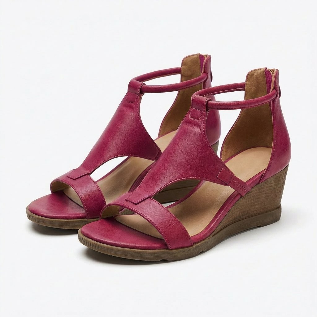 Damen Keilsandalen Offene Zehenpartie Knöchelriemen Sommerschuhe - Borgoña
