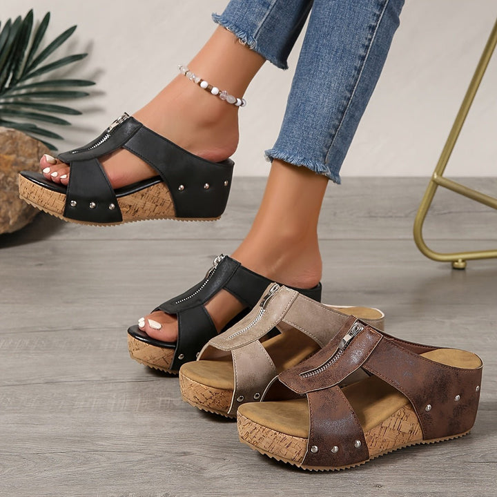 Damen Kork-Keilabsatz Offene Zehe Reißverschluss Comfortable Sandals