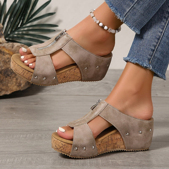 Damen Kork-Keilabsatz Offene Zehe Reißverschluss Comfortable Sandals