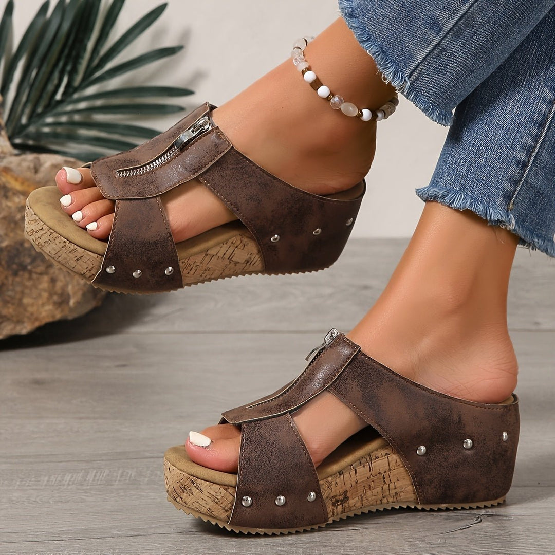 Damen Kork-Keilabsatz Offene Zehe Reißverschluss Comfortable Sandals