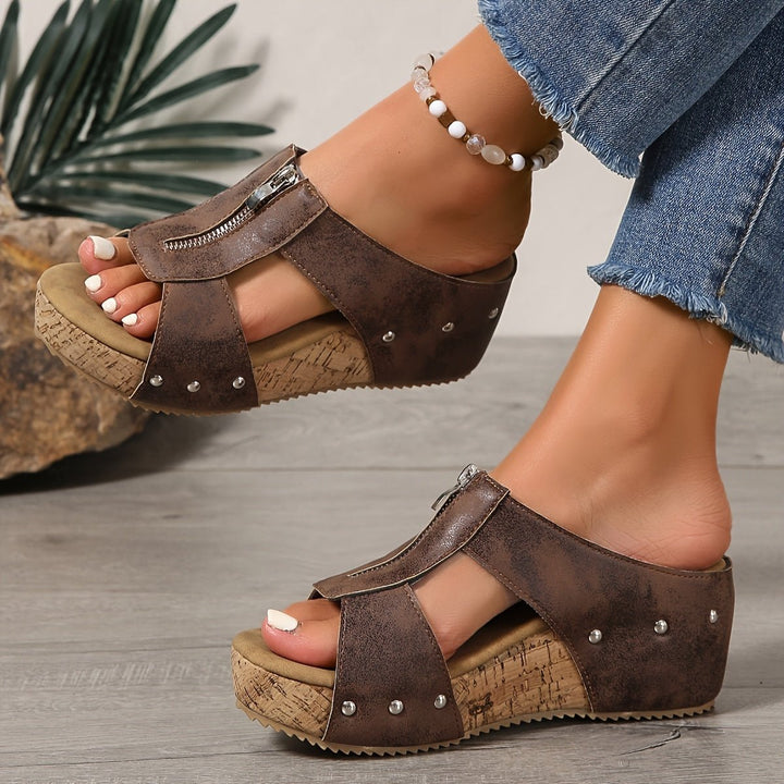 Damen Kork-Keilabsatz Offene Zehe Reißverschluss Comfortable Sandals